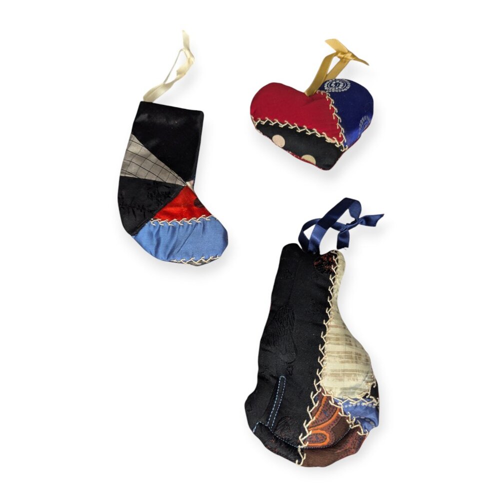 Set of 3 Crazy Quilt Multicolor Christmas Ornaments Stocking, Heart & Cat